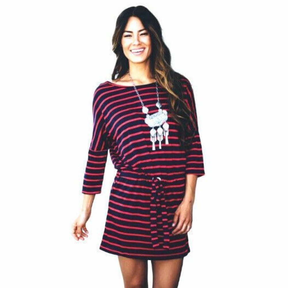 Umgee Red & Navy Striped Pullover Tie Waist Terry Cloth Casual Dress size Medium